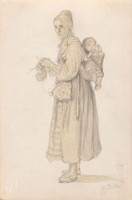 Femme tricotant avec un enfant sur le dos, Rättvik, Suède